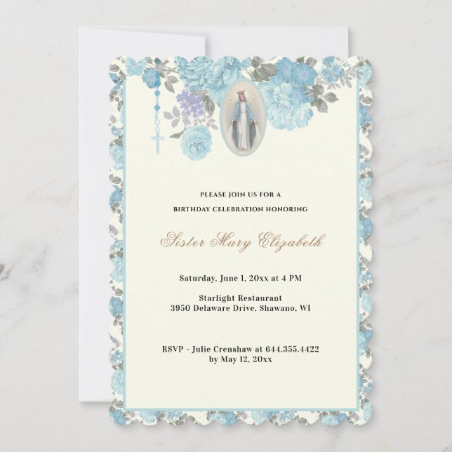 Blue Floral Birthday Religious Rosary Invitation (Front)