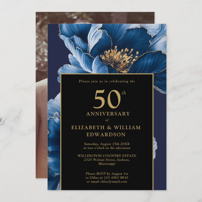 Blue Floral Black And Gold 50th Anniversary Photo Invitation (Front/Back)