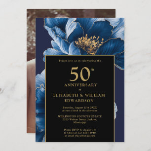 Blue Floral Black And Gold 50th Anniversary Photo Invitation