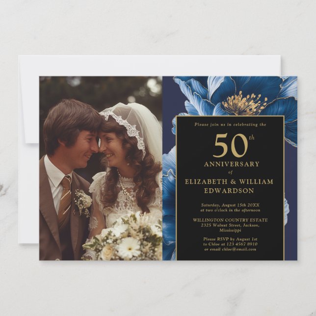 Blue Floral Black And Gold 50th Anniversary Photo Invitation (Front)