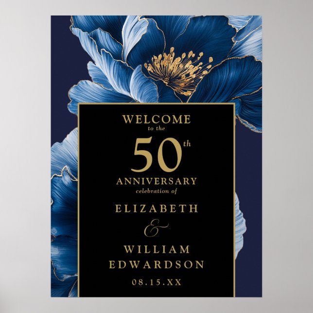 Blue Floral Black And Gold 50th Anniversary Sign (Front)