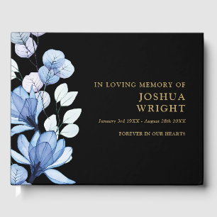 Blue Floral Black And Gold Loving Memory Funeral Guest Book