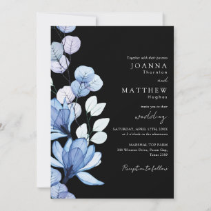 Blue Floral Black and White Monogram Wedding Invitation