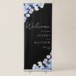 Blue Floral Black And White Wedding Welcome Retractable Banner