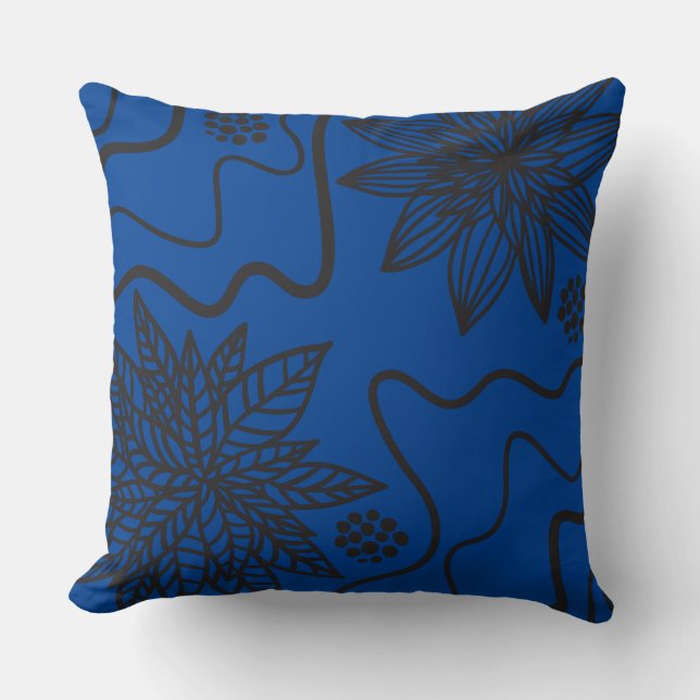 BLUE FLORAL BLACK DESIGN Retro Throw Pillow (Front)