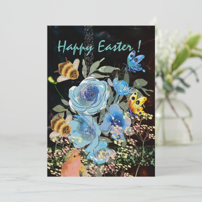 Blue Floral Black Easter with Birds Holiday Card (Standing Front)