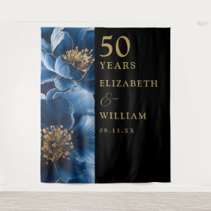 Blue Floral Black Gold 50th Anniversary Backdrop Tapestry