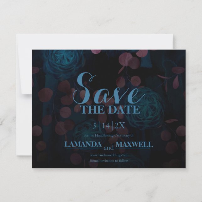 Blue Floral Black Gothic Wedding Save The Date (Front)