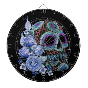 Blue Floral Black Sugar Skull Day Of The Dead Dartboard