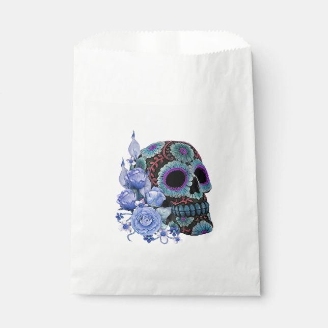 Blue Floral Black Sugar Skull Day Of The Dead Favour Bags (Front)