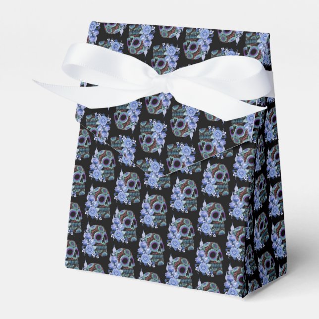 Blue Floral Black Sugar Skull Day Of The Dead Favour Box (Front Side)