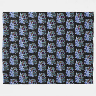 Blue Floral Black Sugar Skull Day Of The Dead Fleece Blanket