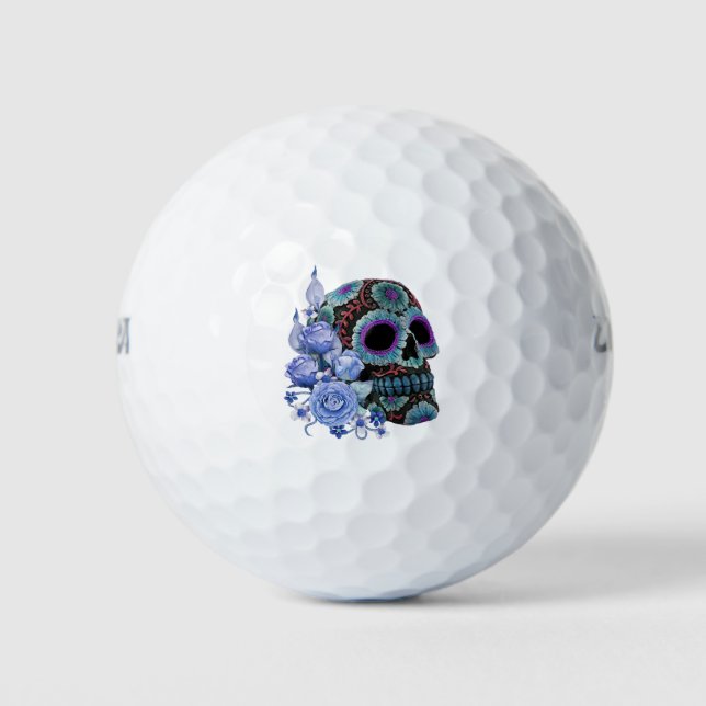 Blue Floral Black Sugar Skull Day Of The Dead Golf Balls (Front)