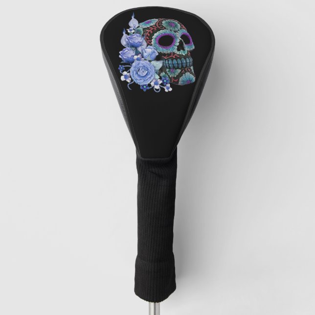 Blue Floral Black Sugar Skull Day Of The Dead Golf Head Cover (Front)