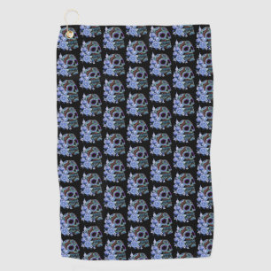 Blue Floral Black Sugar Skull Day Of The Dead Golf Towel