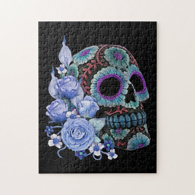 Blue Floral Black Sugar Skull Day Of The Dead Jigsaw Puzzle (Vertical)