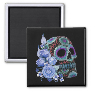 Blue Floral Black Sugar Skull Day Of The Dead Magnet