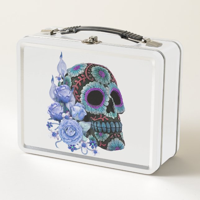 Blue Floral Black Sugar Skull Day Of The Dead Metal Lunch Box (Front)