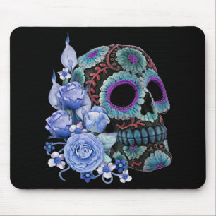 Blue Floral Black Sugar Skull Day Of The Dead Mouse Mat