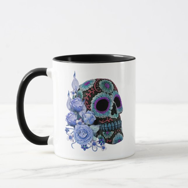 Blue Floral Black Sugar Skull Day Of The Dead Mug (Left)