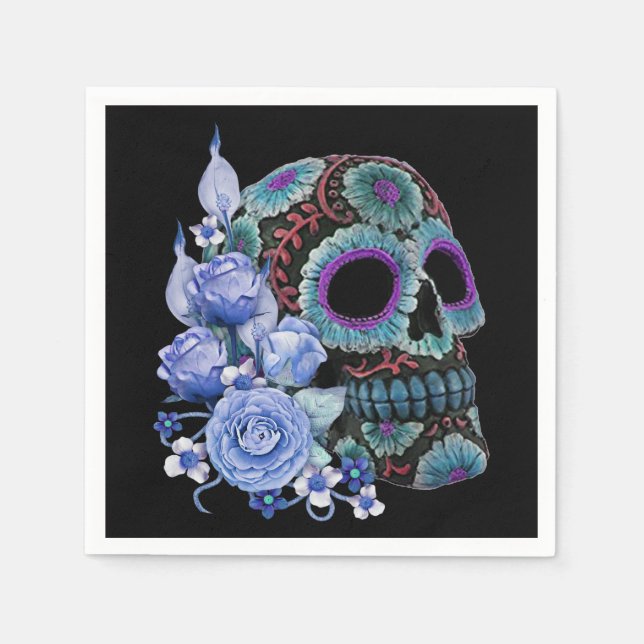Blue Floral Black Sugar Skull Day Of The Dead Napkin (Front)
