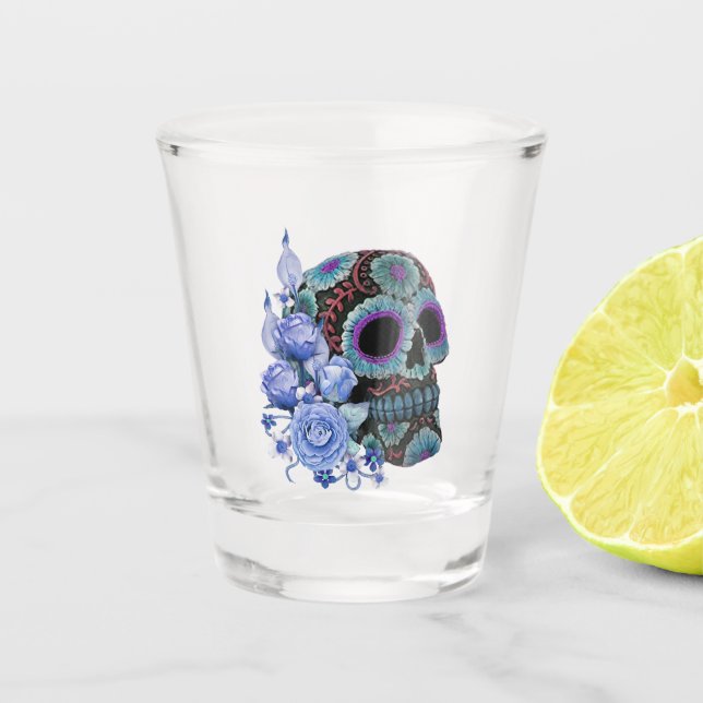 Blue Floral Black Sugar Skull Day Of The Dead Shot Glass (Front)