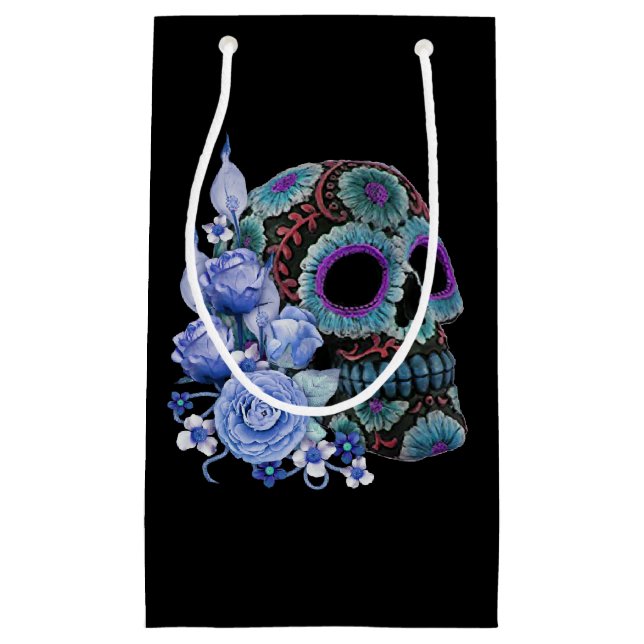 Blue Floral Black Sugar Skull Day Of The Dead Small Gift Bag (Front)