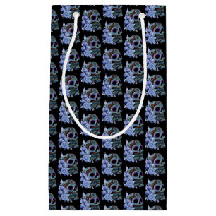 Blue Floral Black Sugar Skull Day Of The Dead Small Gift Bag