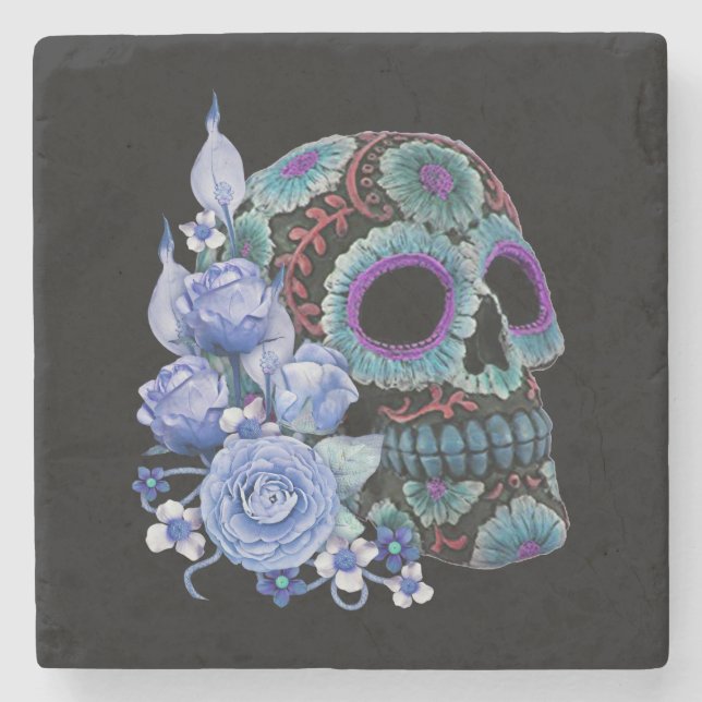 Blue Floral Black Sugar Skull Day Of The Dead Stone Coaster (Front)