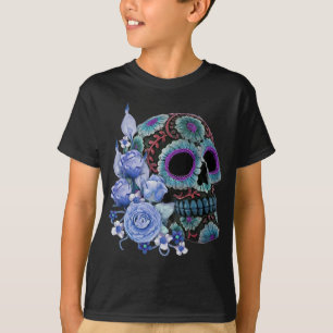 Blue Floral Black Sugar Skull Day Of The Dead T-Shirt