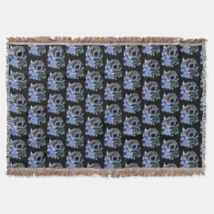Blue Floral Black Sugar Skull Day Of The Dead Throw Blanket