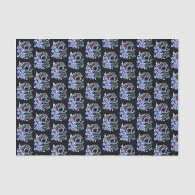 Blue Floral Black Sugar Skull Day Of The Dead Tissue Paper (Front)