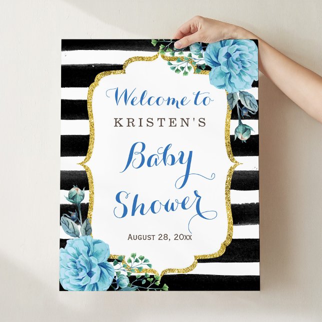 Blue Floral Black White Striped Baby Shower Sign (Creator Uploaded)