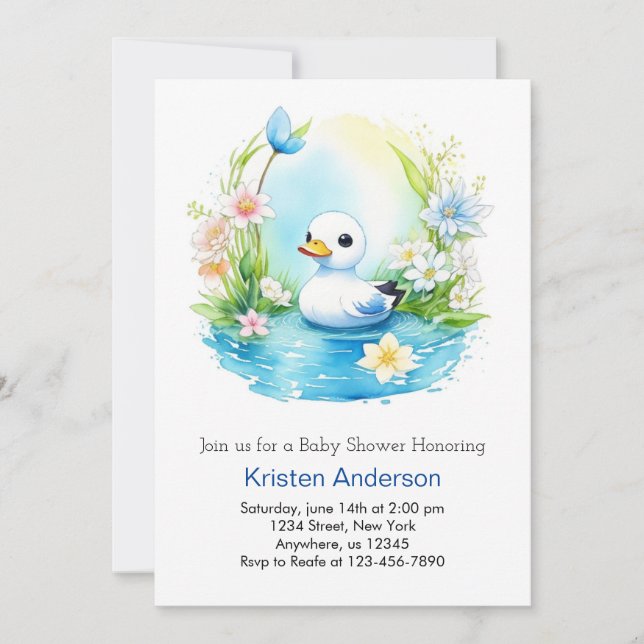 Blue Floral Blissful Duck Boy Baby Shower Invitation (Front)
