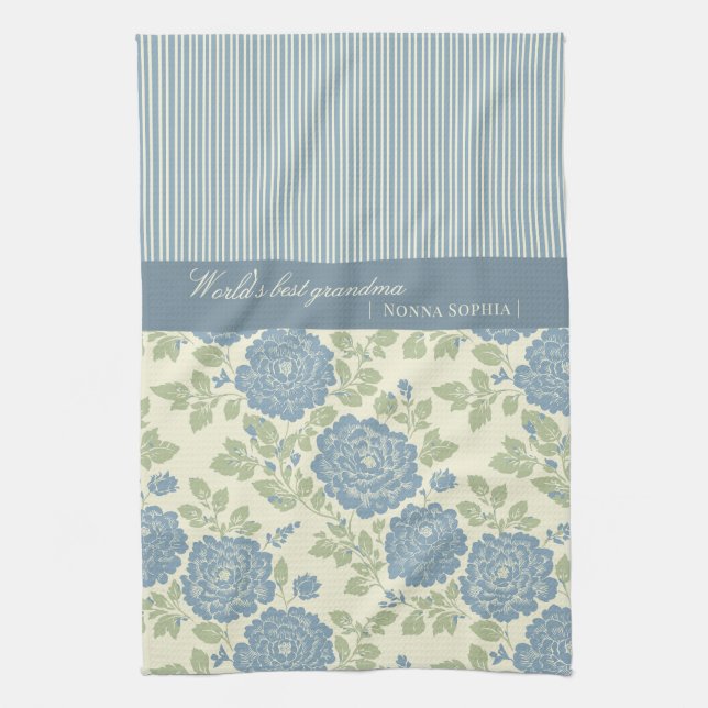 Blue Floral Block Print w Blue Stripes Tea Towel (Vertical)