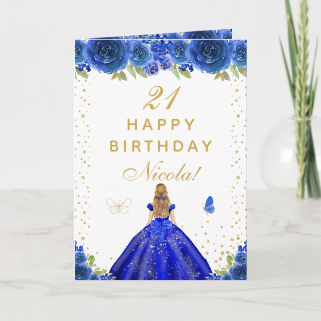 Blue Floral Blonde Hair Girl Birthday Card (Front)