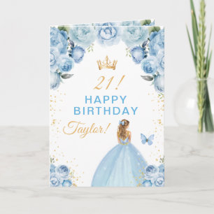 Blue Floral Blonde Hair Girl Happy Birthday Card