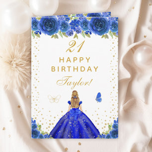 Blue Floral Blonde Hair Girl Happy Birthday Card