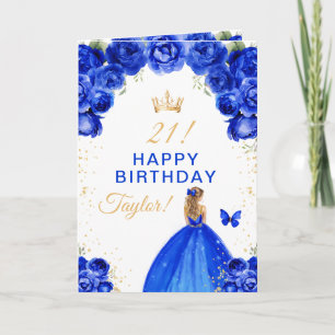 Blue Floral Blonde Hair Girl Happy Birthday Card