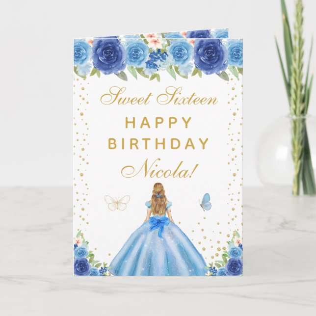Blue Floral Blonde Hair Girl Sweet Sixteen Card (Front)