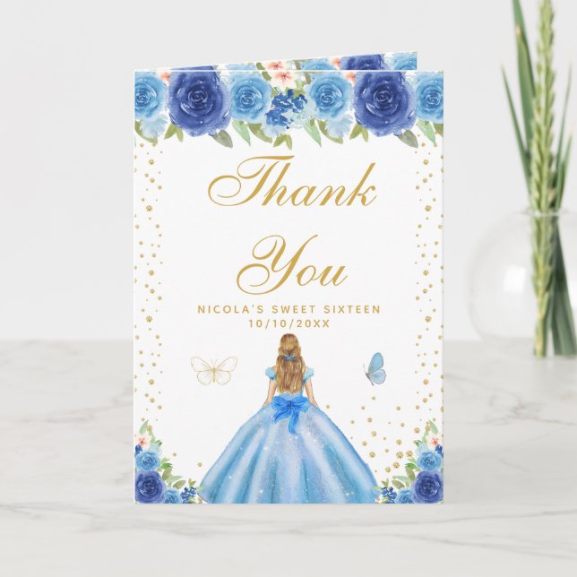 Blue Floral Blonde Hair Girl Sweet Sixteen Thank You Card (Front)