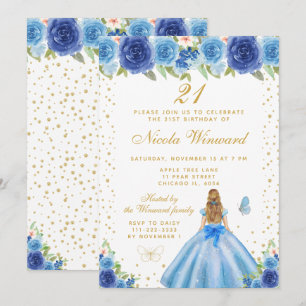 Blue Floral Blonde Hair Princess Birthday Party Invitation