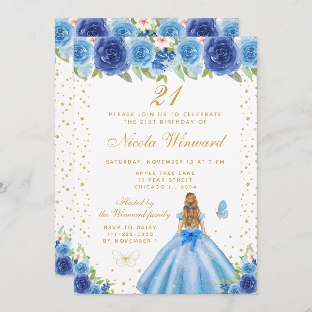 Blue Floral Blonde Hair Princess Birthday Party Invitation (Front/Back)
