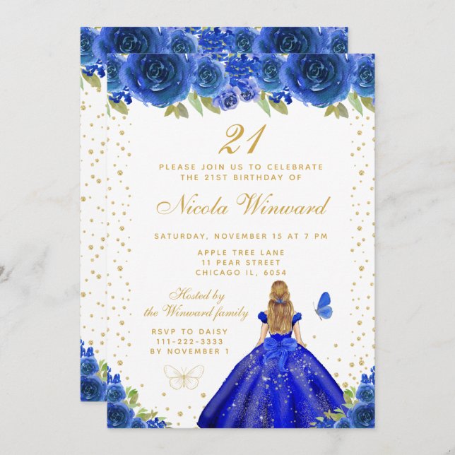 Blue Floral Blonde Hair Princess Birthday Party Invitation (Front/Back)