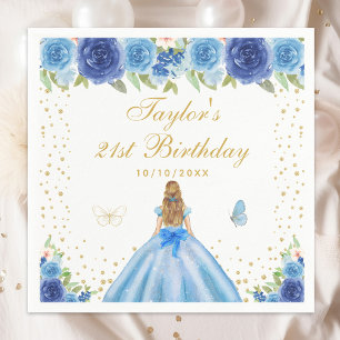 Blue Floral Blonde Hair Princess Birthday Party Napkin