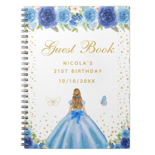 Blue Floral Blonde Hair Princess Birthday Party Notebook