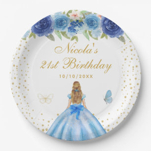Blue Floral Blonde Hair Princess Birthday Party Paper Plate