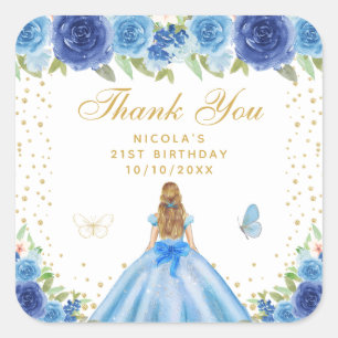 Blue Floral Blonde Hair Princess Birthday Party Square Sticker