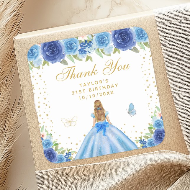 Blue Floral Blonde Hair Princess Birthday Party Square Sticker (Creator Uploaded)