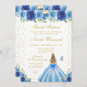 Blue Floral Blonde Hair Princess Sweet Sixteen Invitation